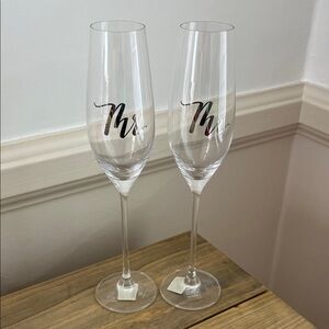 Crate&Barrel Clear Champagne Wedding Flutes, Mr. & Mr.